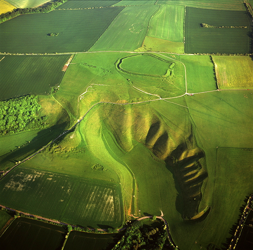 Aerial image of the Uffington White Horse with Uffington Castle hill fort, Berkshire Downs, Vale of White Horse, Oxfordshire, England, United Kingdom, Europe