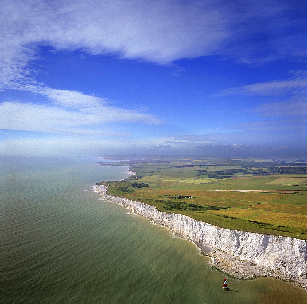 Aerial image of chalk cliffs and lighthouse at Beachy Head, near Eastbourne, East Sussex, England, United Kingdom, Europe