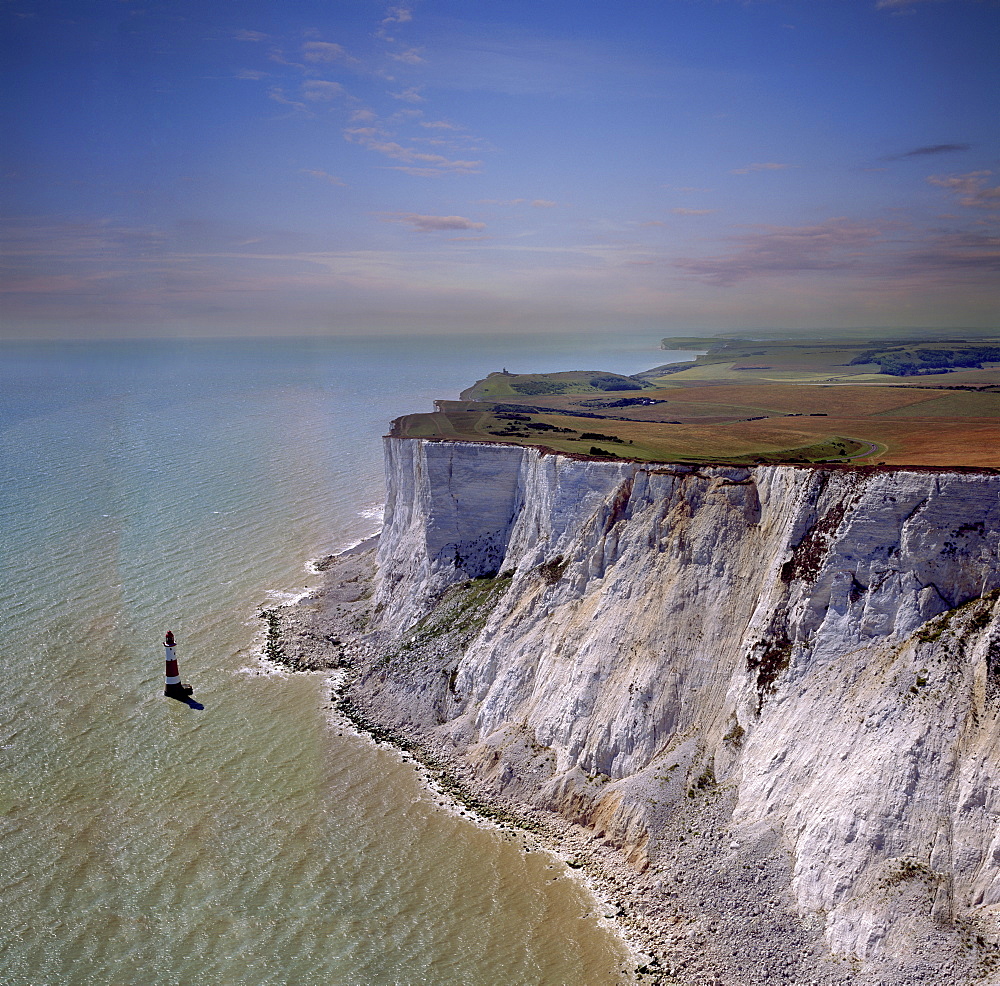 Aerial image of chalk cliffs and lighthouse, Beachy Head, near Eastbourne, East Sussex, England, United Kingdom, Europe