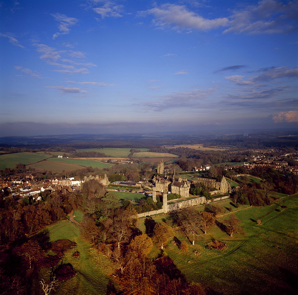 Aerial image of Battle Abbey (St. Martin's Abbey), built on the scene of the Battle of Hastings and dedicated to St. Martin, Battle, East Sussex, England, United Kingdom, Europe