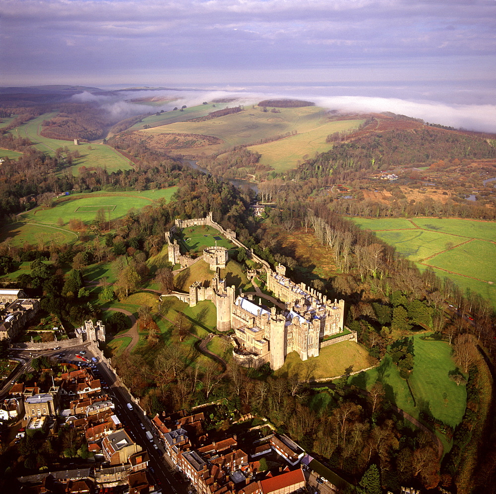 Aerial image of Arundel Castle, a restored medieval castle, South Downs, Arundel, West Sussex, England, United Kingdom, Europe