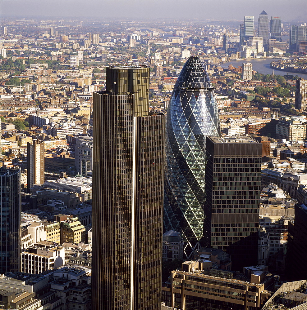 Aerial view of Tower 42, Gherkin (30 St. Mary Axe) (Swiss Re Building) and St. Helen's (Aviva Tower), City of London, London, England, United Kingdom, Europe