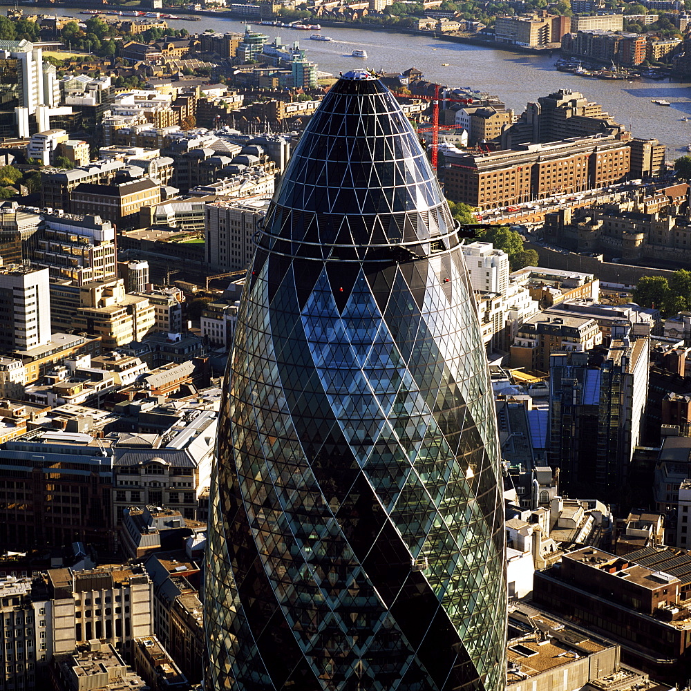 Aerial image of the Swiss Re Building (30 St. Mary Axe) (Gherkin), City of London, London, England, United Kingdom, Europe