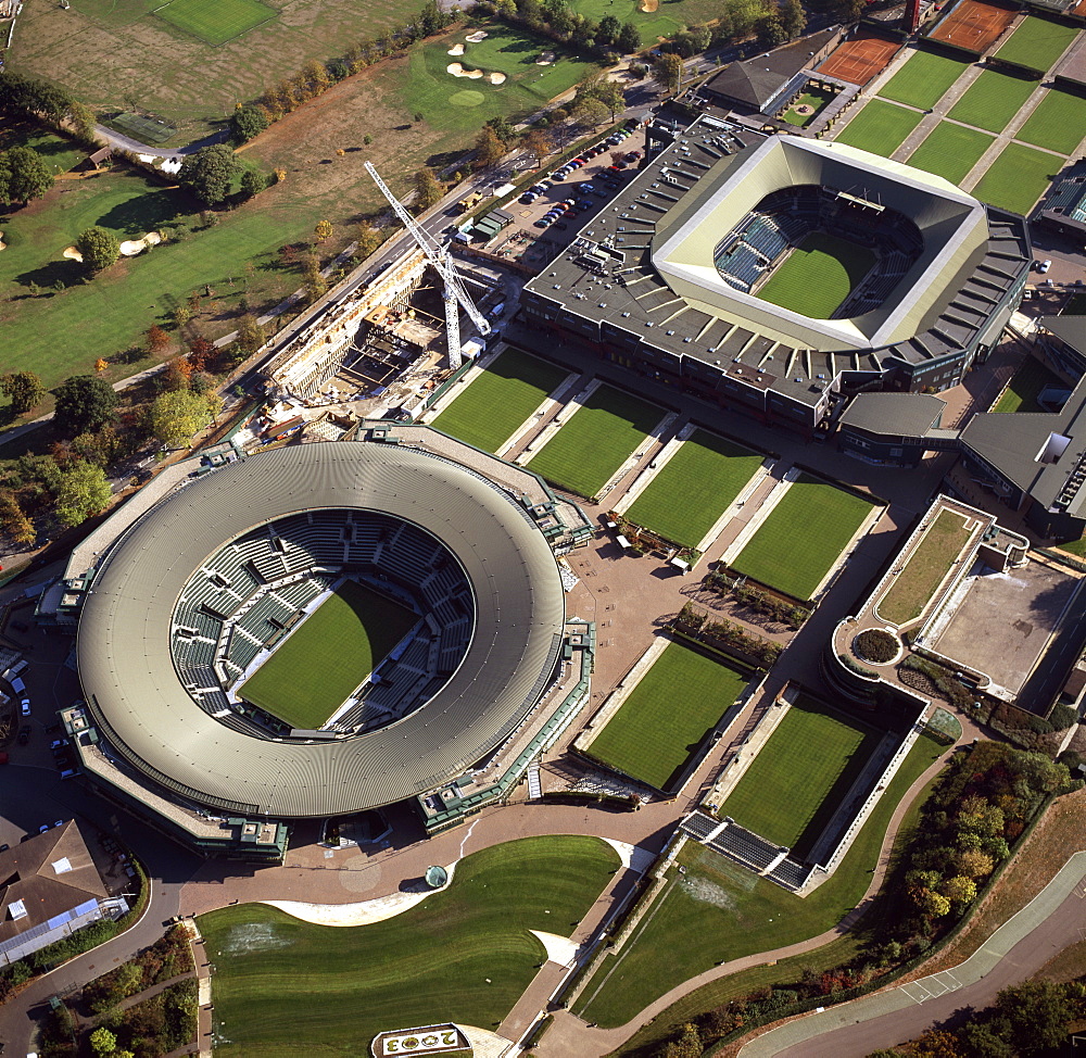 Aerial image of Centre Court and Number 1 Court, All-England Club (All England Lawn Tennis and Croquet Club), Wimbledon, London, England, United Kingdom, Europe