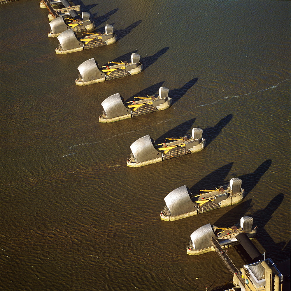 Aerial image of the Thames Flood Barrier across the River Thames, Woolwich Reach, Woolwich, London, England, United Kingdom, Europe