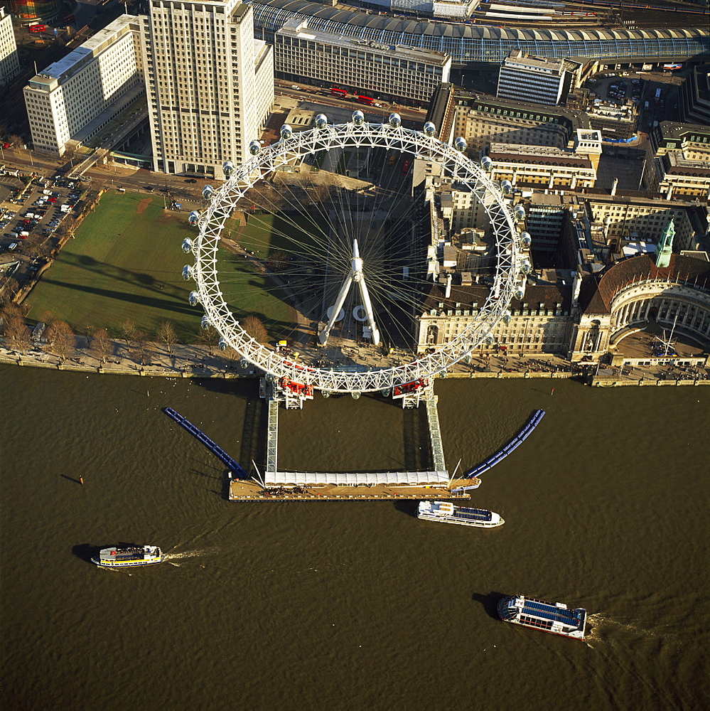 Aerial image of the London Eye (Millennium Wheel), South Bank of the River Thames, London, England, United Kingdom, Europe