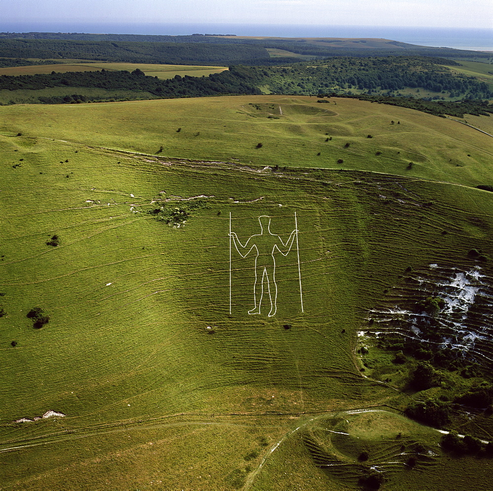 Aerial image of the Long Man of Wilmington, Wilmington, South Downs, East Sussex, England, United Kingdom, Europe