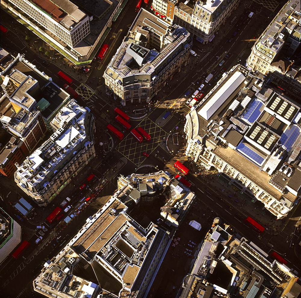 Aerial image of Oxford Circus, a busy intersection of Regent Street and Oxford Street, in the City of Westminster, London, England, United Kingdom, Europe