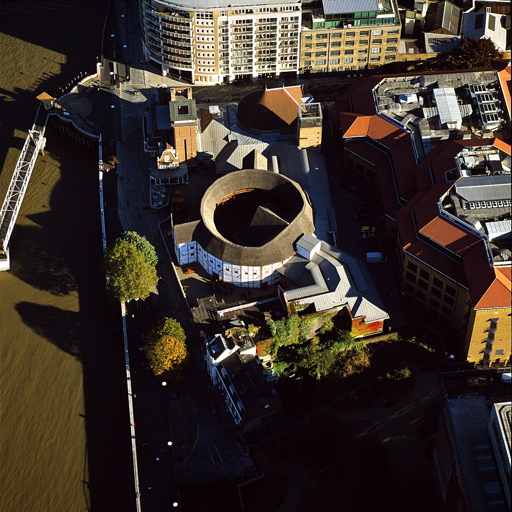 Aerial image of the Globe Theatre (Shakespeare's Globe) and the River Thames, London, England, United Kingdom, Europe