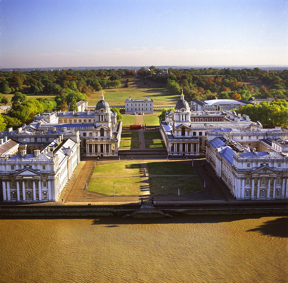 Aerial image of the Royal Naval College and Queen's House, on the south bank of the River Thames, UNESCO World Heritage Site, with the Royal Observatory in the background, Greenwich, London, England, United Kingdom, Europe