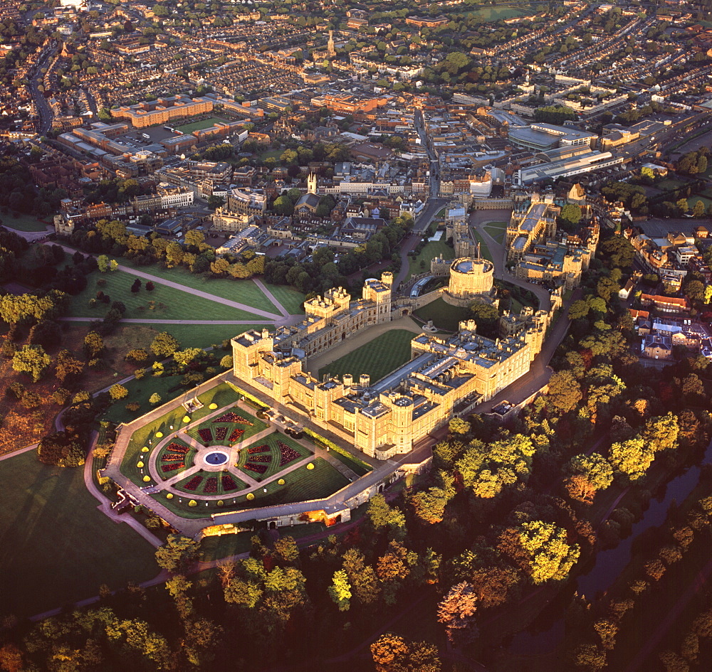 Aerial image of Windsor Castle, the largest inhabited castle in the world, Windsor, Berkshire, England, United Kingdom, Europe