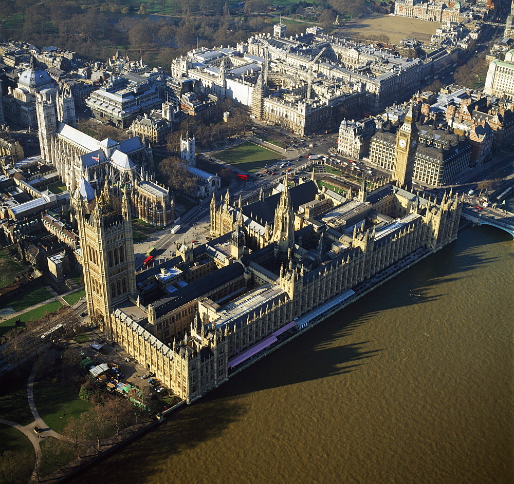 Aerial image of the Houses of Parliament (Palace of Westminster) and Big Ben, UNESCO World Heritage Site, Westminster, London, England, United Kingdom, Europe