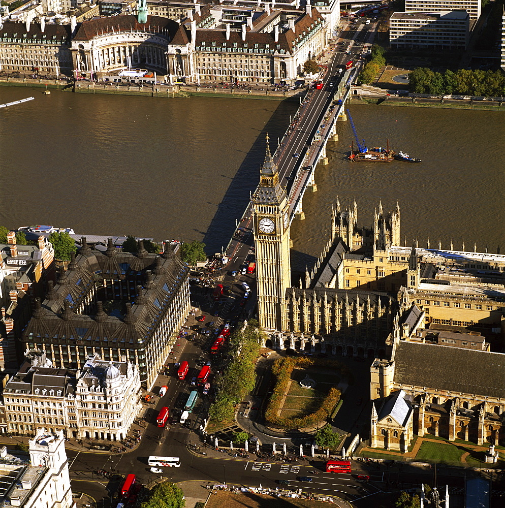 Aerial image of the Houses of Parliament (Palace of Westminster) and Big Ben, UNESCO World Heritage Site, Westminster, London, England, United Kingdom, Europe