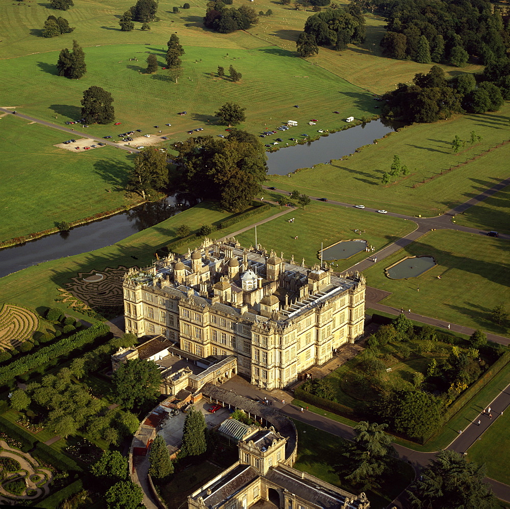 Aerial image of Longleat, an English country house, Horningsham, near Warminster, Wiltshire, England, United Kingdom, Europe