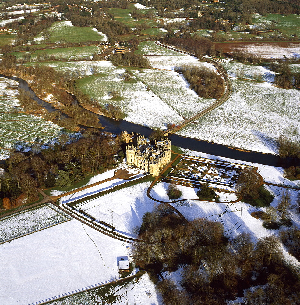 Aerial image of Longford Castle in snow, south of Salisbury, Wiltshire, England, United Kingdom, Europe