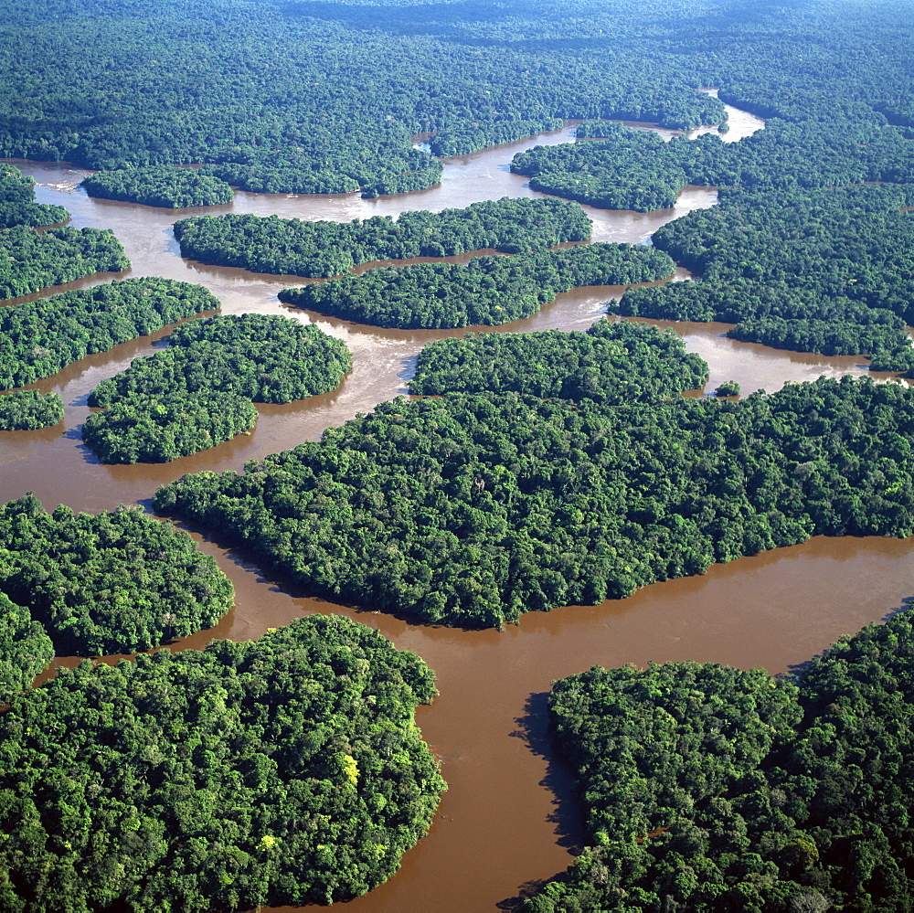 Aerial image of the Lower Mazaruni River with islands of tropical rain forest, Hororabo, near Bartica, Guyana, South America