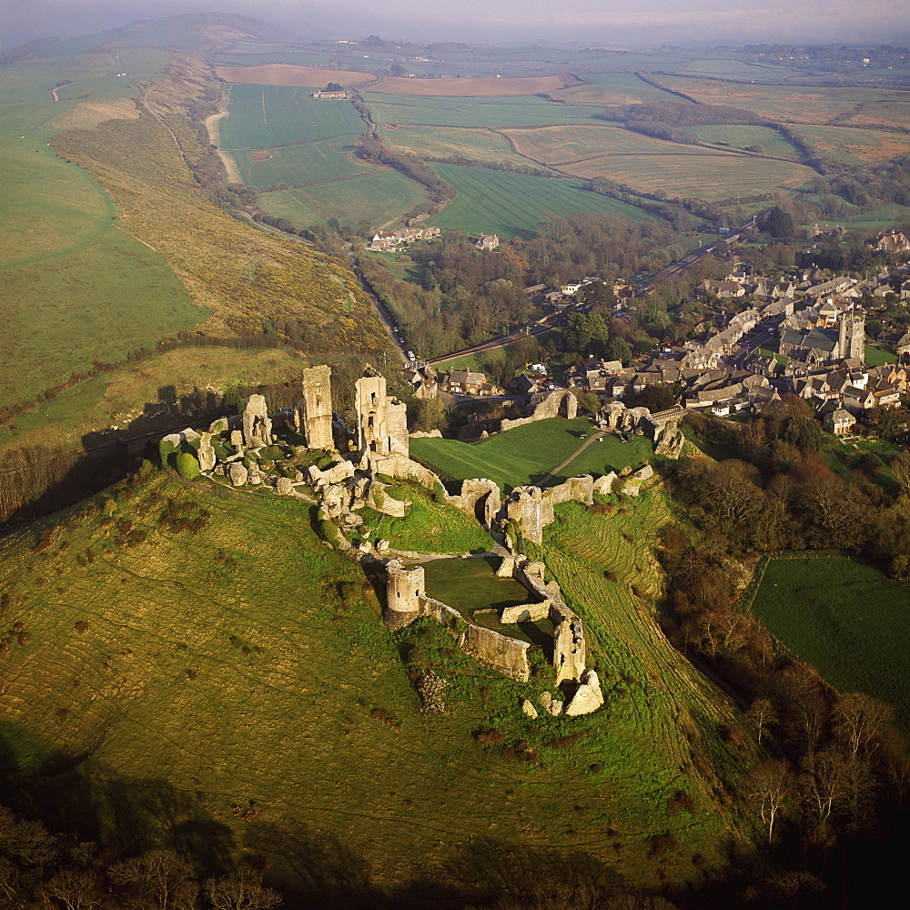 Aerial image of Corfe Castle, Purbeck Hills, between Wareham and Swanage, Dorset, England, United Kingdom, Europe