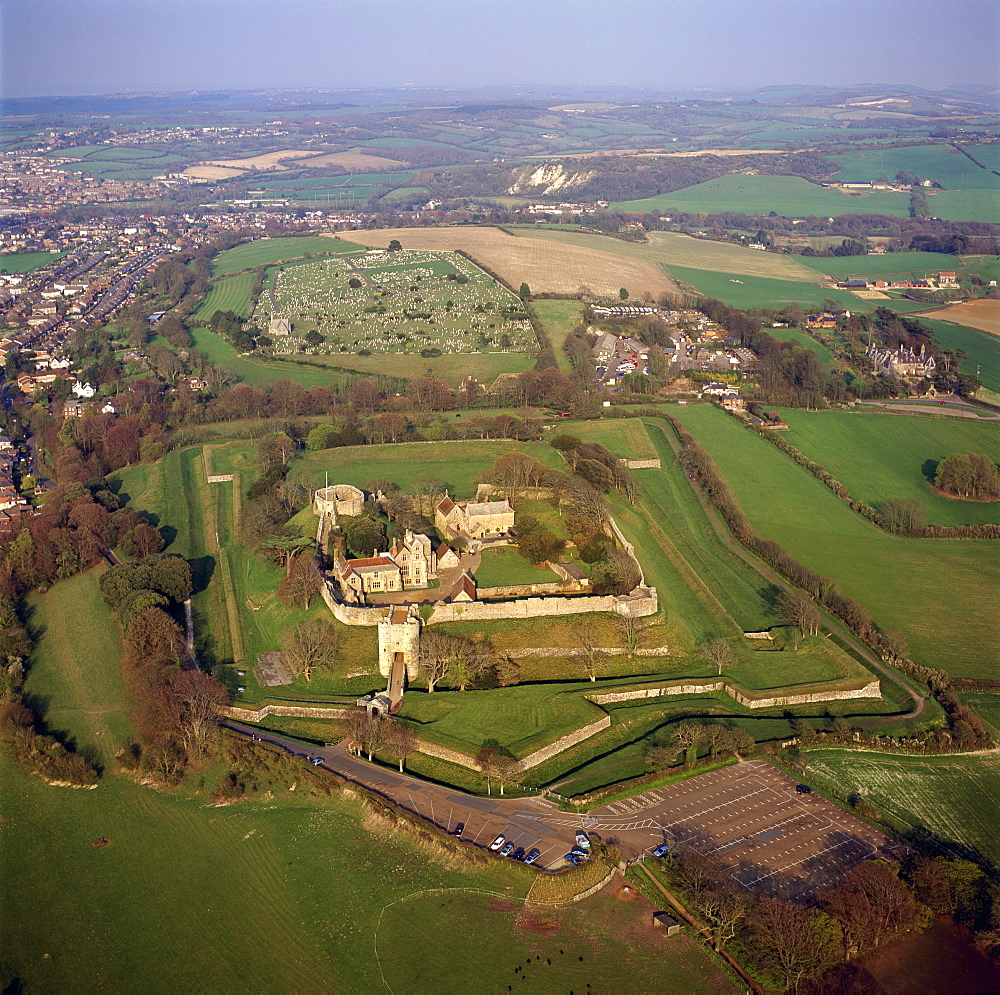 Aerial image of Carisbrooke Castle, a historic motte-and-bailey castle, Carisbrooke, near Newport, Isle of Wight, England, United Kingdom, Europe