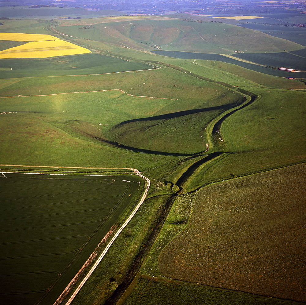 Aerial image of Wansdyke (from Woden's Dyke), an early medieval series of defensive linear earthworks, Tan Hill, Wiltshire, England, United Kingdom, Europe