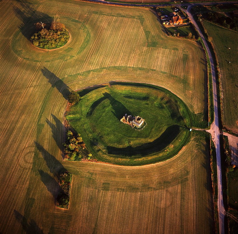 Aerial image of Knowlton Henge, a Neolithic henge monument, and Knowlton Church, a ruined Norman church, Dorset, England, United Kingdom, Europe