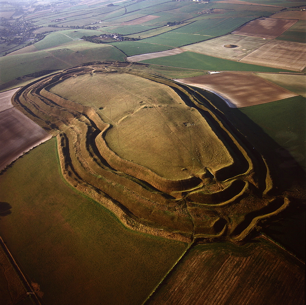 Aerial image of Maiden Castle, an Iron Age hill fort, Winterborne Monkton, near Dorchester, Dorset, England, United Kingdom, Europe