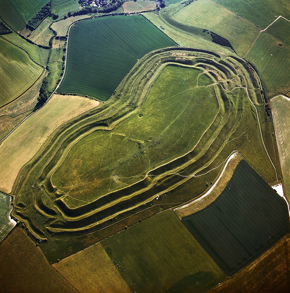 Aerial image of Maiden Castle, an Iron Age hill fort, Winterborne Monkton, near Dorchester, Dorset, England, United Kingdom, Europe