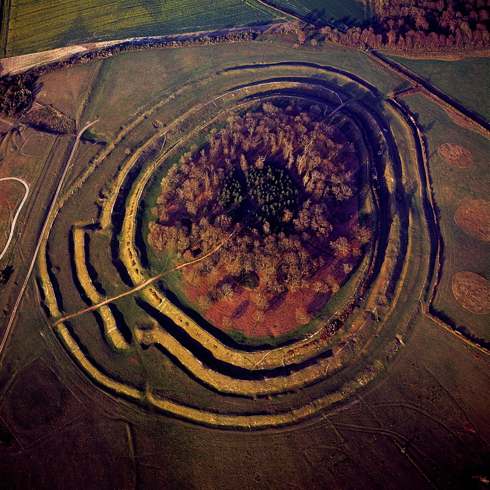 Aerial image of Badbury Rings, an Iron Age hill fort, Dorset, England, United Kingdom, Europe