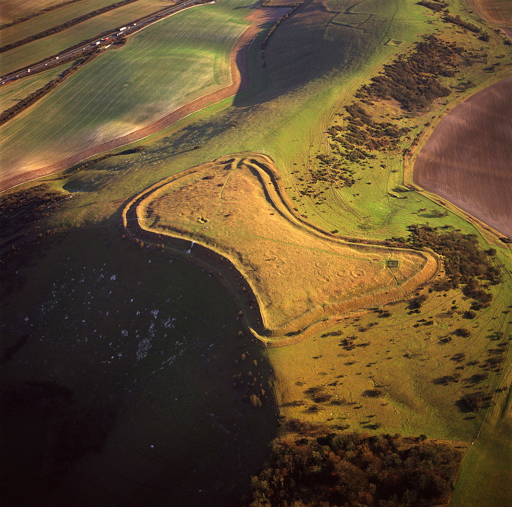 Aerial image of Beacon Hill, an Iron Age hill fort, Burghclere, Hampshire, England, United Kingdom, Europe