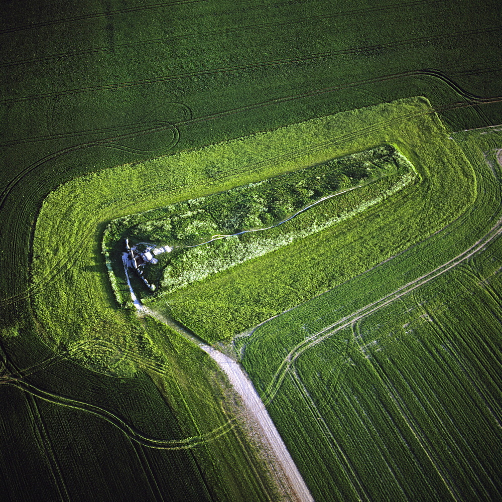 Aerial image of West Kennet Long Barrow, a Neolithic tomb or barrow, on a prominent chalk ridge, near Silbury Hill, Avebury, Wiltshire, England, United Kingdom, Europe