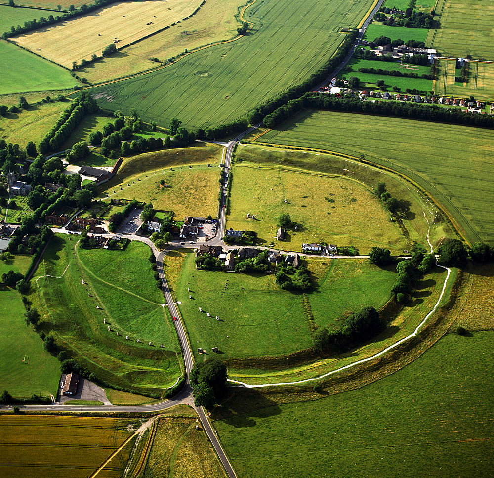 Aerial image of Avebury, Neolithic Monument, site of a large henge and several stone circles, UNESCO World Heritage Site, Wiltshire, England, United Kingdom, Europe