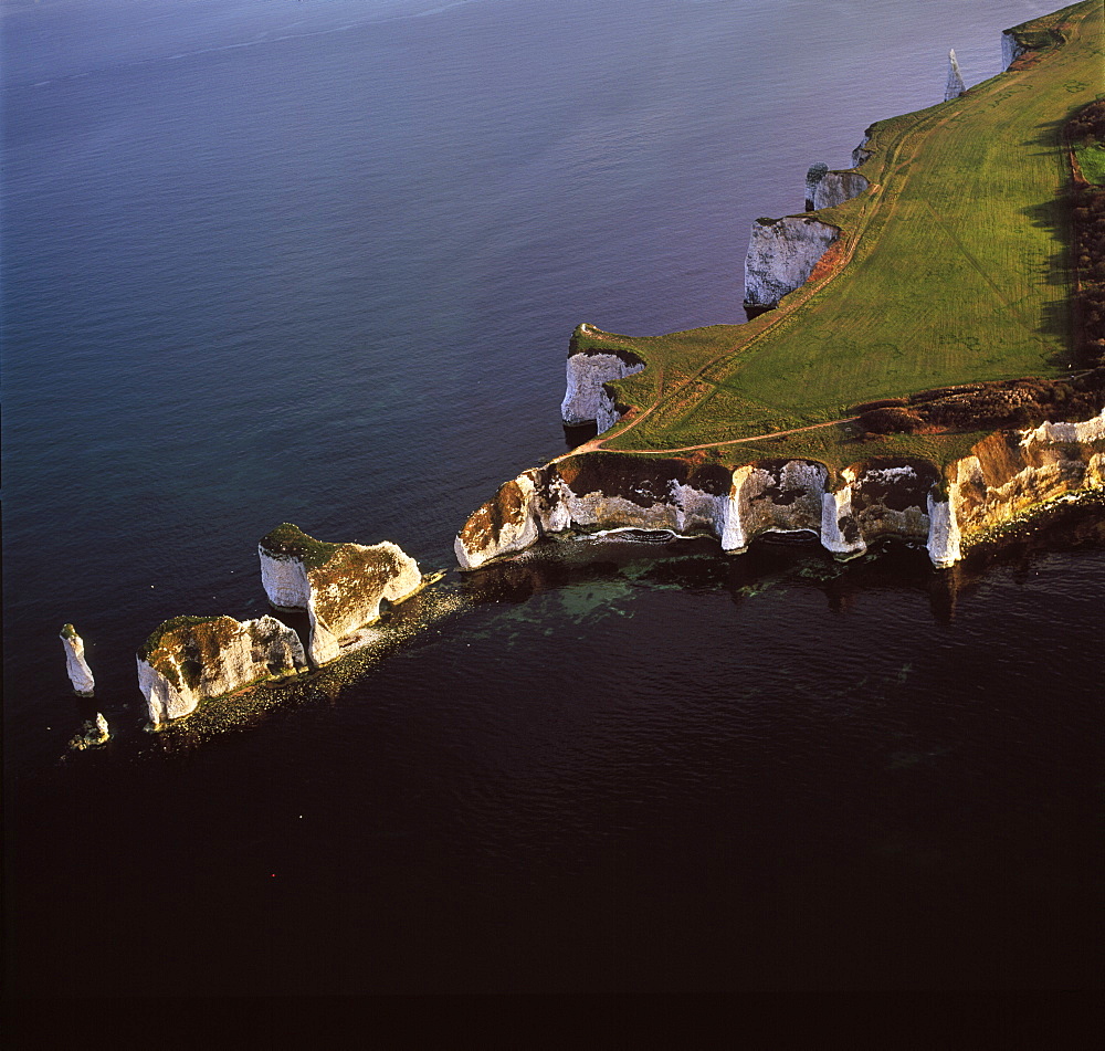 Aerial image of Old Harry Rocks, chalk stacks located directly east of Studland, north of Swanage, Dorset, England, United Kingdom, Europe