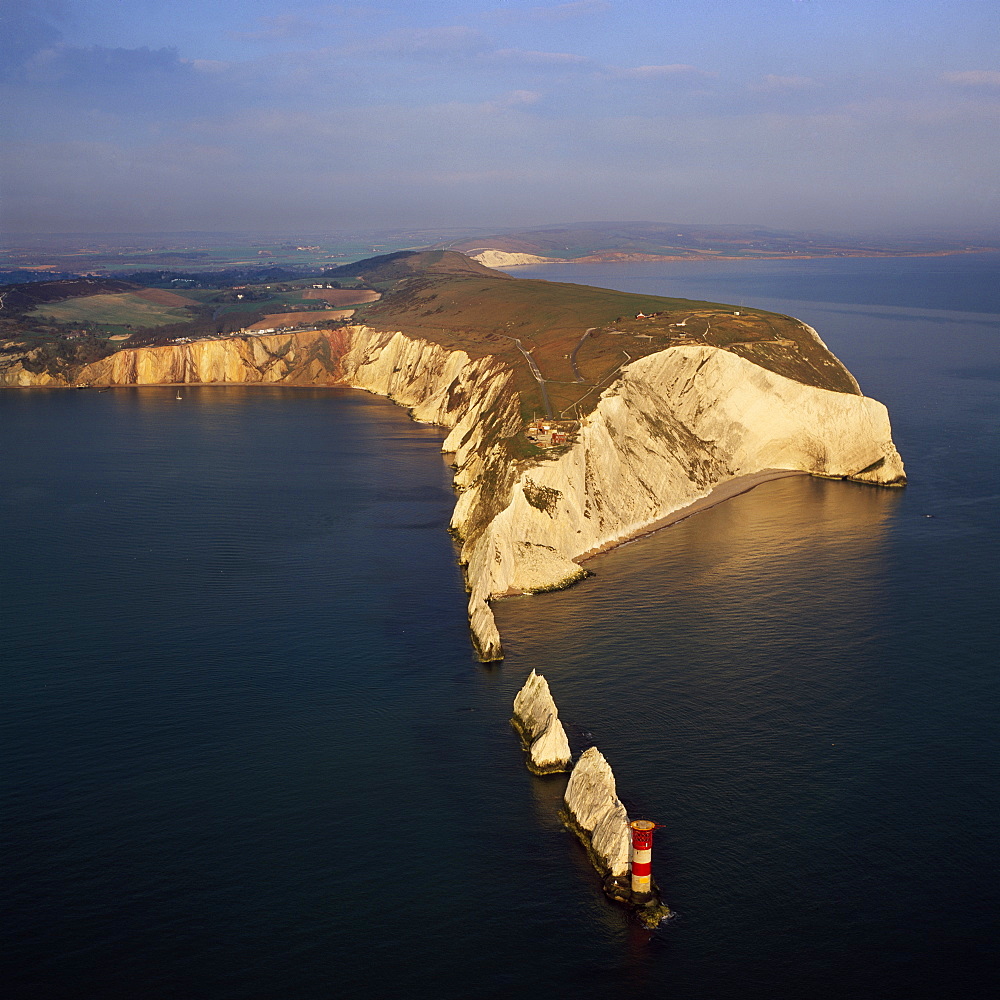 Aerial image of The Needles, a row of three chalk stacks, and Lighthouse, off the western extremity of the Isle of Wight, Alum Bay, Isle of Wight, England, United Kingdom, Europe