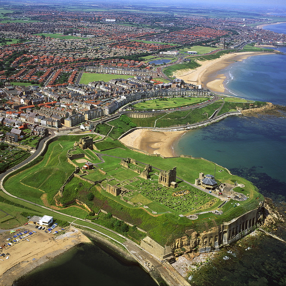 Aerial image of Tynemouth Priory and Castle, on a rocky headland known as Pen Bal Crag, Tyne and Wear, England, United Kingdom, Europe