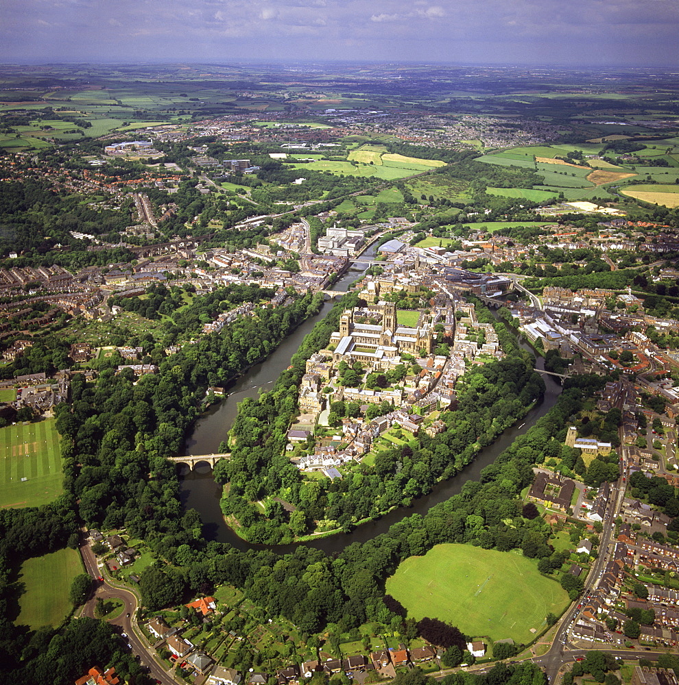 Aerial image of city including Durham Castle, a Medieval castle, Norman Cathedral, and the River Wear, Durham, England, United Kingdom, Europe