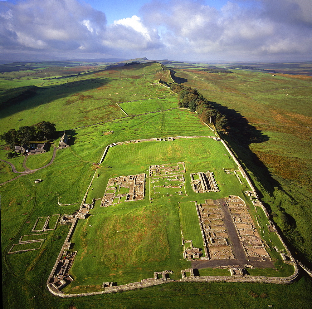 Aerial image of Housesteads Roman Fort of Vercovicium, an auxiliary fort on Hadrian's Wall, UNESCO World Heritage Site, Northumberland, England, United Kingdom, Europe