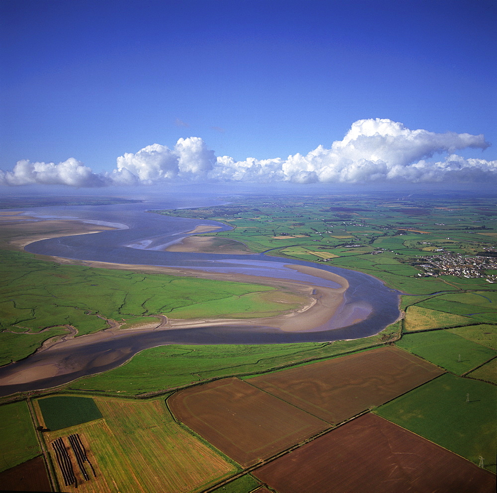 Aerial image of the River Esk flowing into Solway Firth, near Gretna Green, border between Cumbria in England and Dumfries and Galloway in Scotland, United Kingdom, Europe