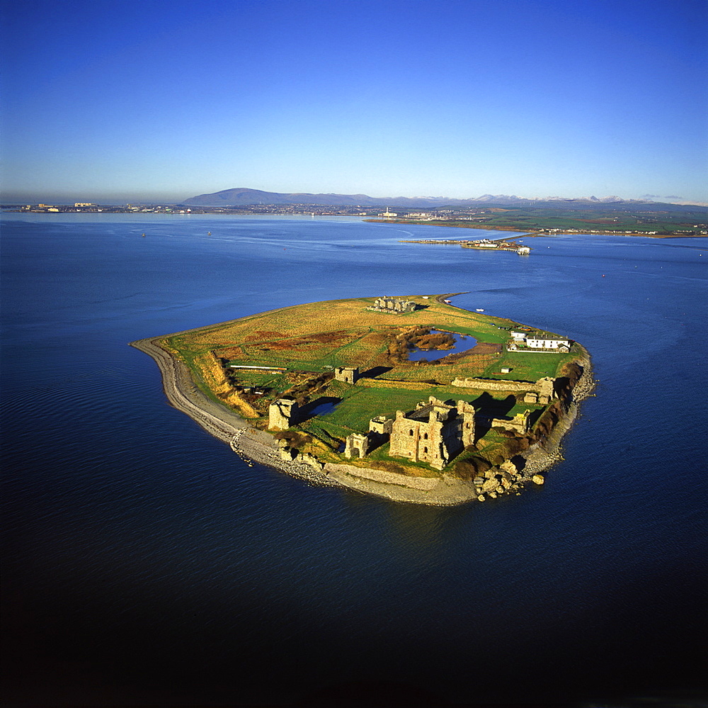 Aerial image of Piel Castle (Fouldry Castle) (Fouldrey Castle), a concentric medieval fortification with a keep and three towers, Piel Island, Furness Peninsula, Barrow in Furness, Cumbria, England, United Kingdom, Europe