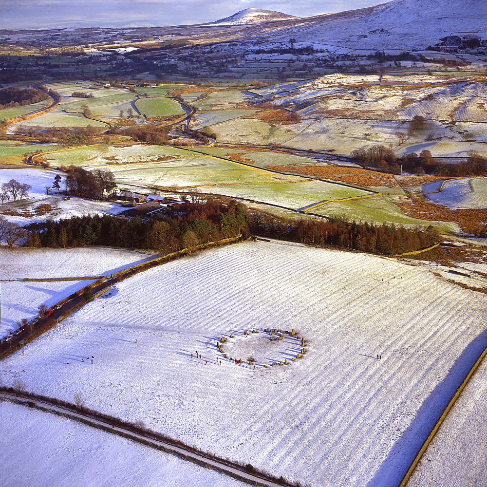 Aerial image of Castlerigg Stone Circle, a prehistoric monument in snow, near Keswick, Lake District National Park, Cumbria, England, United Kingdom, Europe