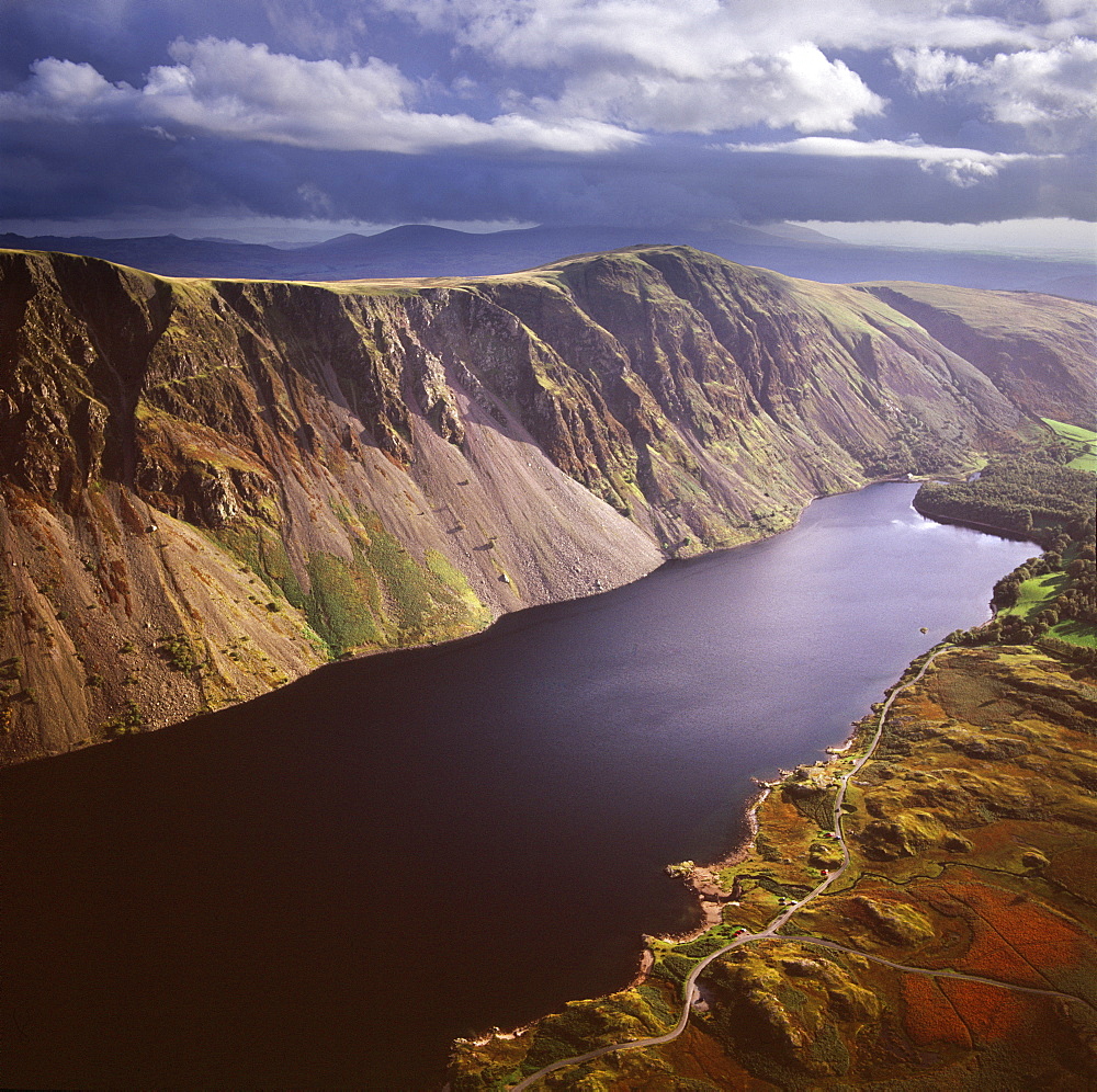 Aerial image of Wastwater Screes and Wast Water (Wastwater), the deepest lake in England, a good example of a glacially over-deepened valley, Wasdale Valley, Lake District National Park, Cumbria, England, United Kingdom, Europe