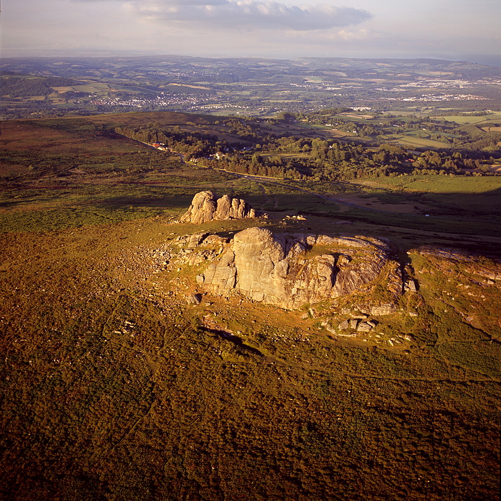 Aerial image of Haytor (Hay Tor) and Haytor Rocks, granite rock outcrop, Haytor Vale, Dartmoor, Devon, England, United Kingdom, Europe