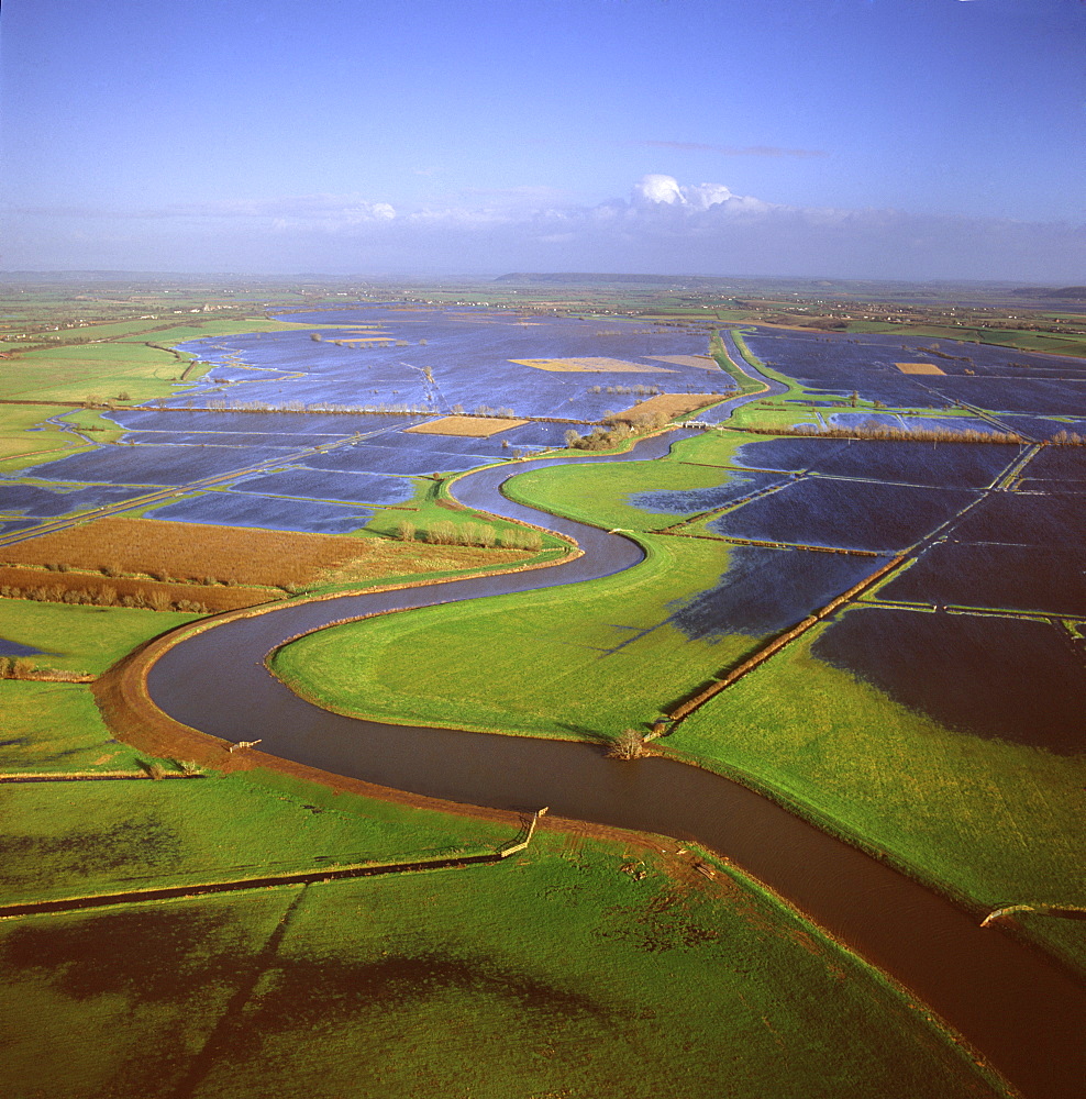 Aerial image of the River Tone in flood, Meare Green, near Taunton, Somerset, England, United Kingdom, Europe