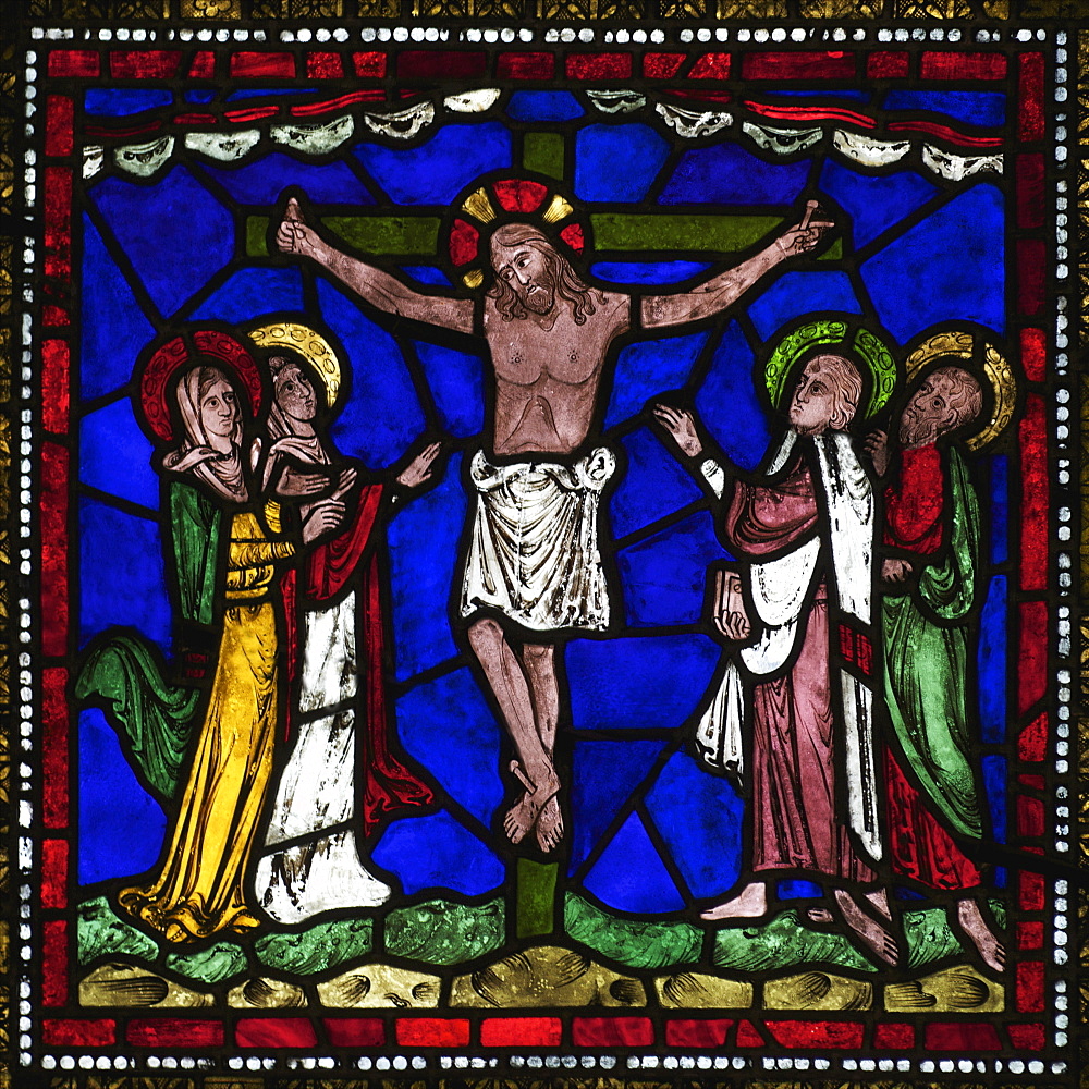 Medieval stained glass of The Crucifixion, Corona Redemption Window, East End, Corona I, Canterbury Cathedral, UNESCO World Heritage Site, Canterbury, Kent, England, United Kingdom, Europe