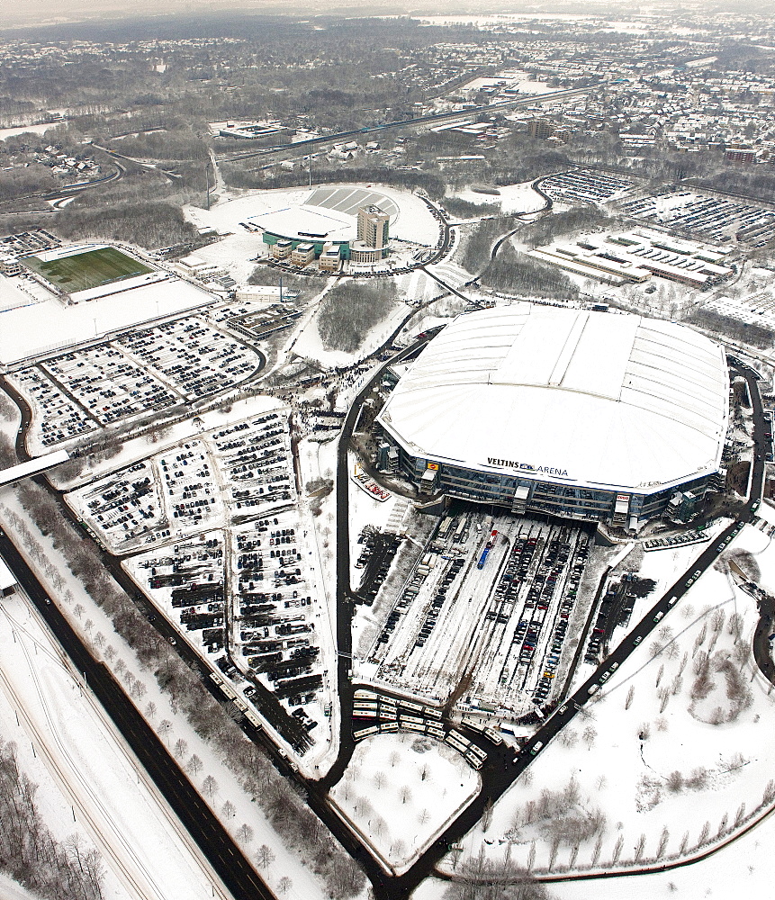 Aerial view, Veltins-Arena football stadium, also known as Schalke Arena stadium, before the roof was damaged by snow, Gelsenkirchen, Ruhr area, North Rhine-Westphalia, Germany, Europe