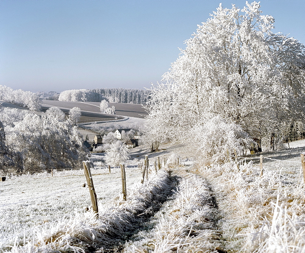 Winter with hoarfrost in the Erzgebirge mountains, path with view on Hartmannsdorf, Saxony, Germany, Europe