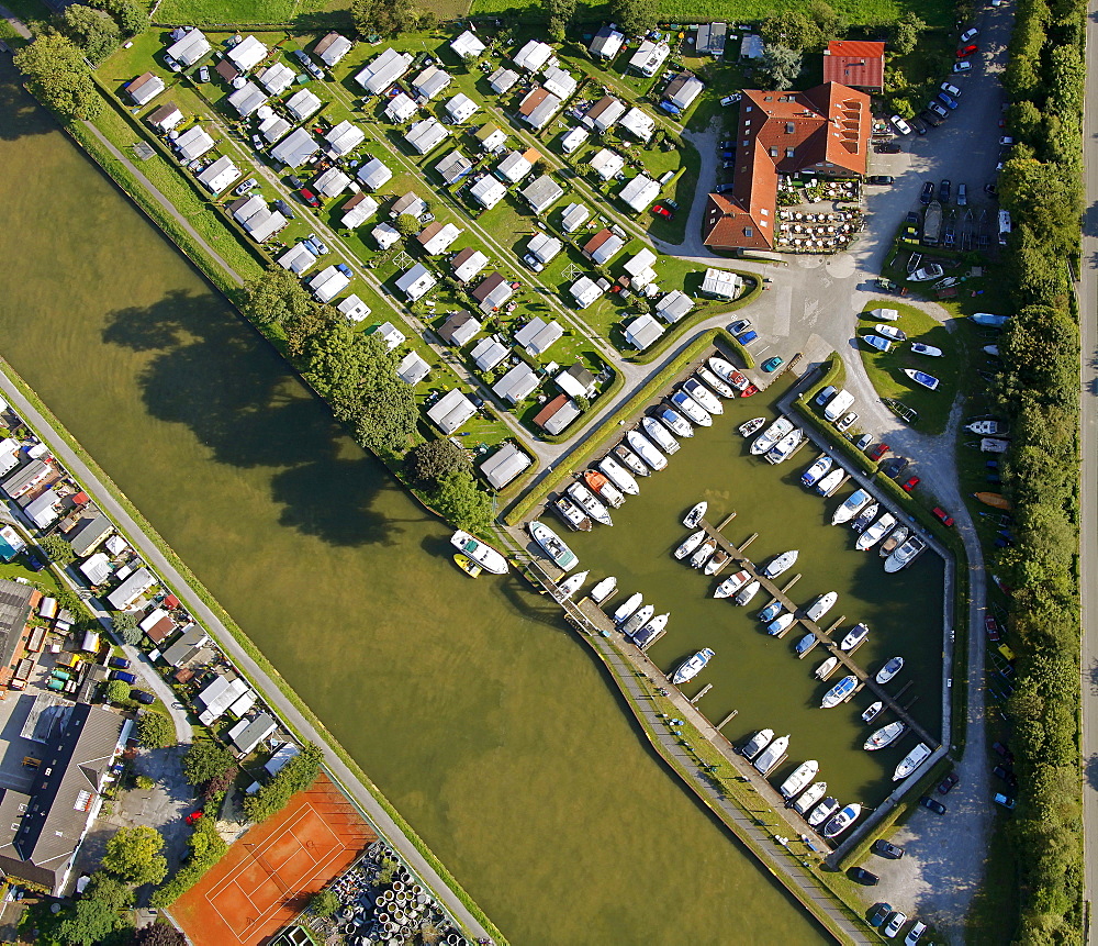 Aerial view, marina on Muensterstrasse street, Datteln-Hamm Canal, Waltrop, Ruhr area, North Rhine-Westphalia, Germany, Europe