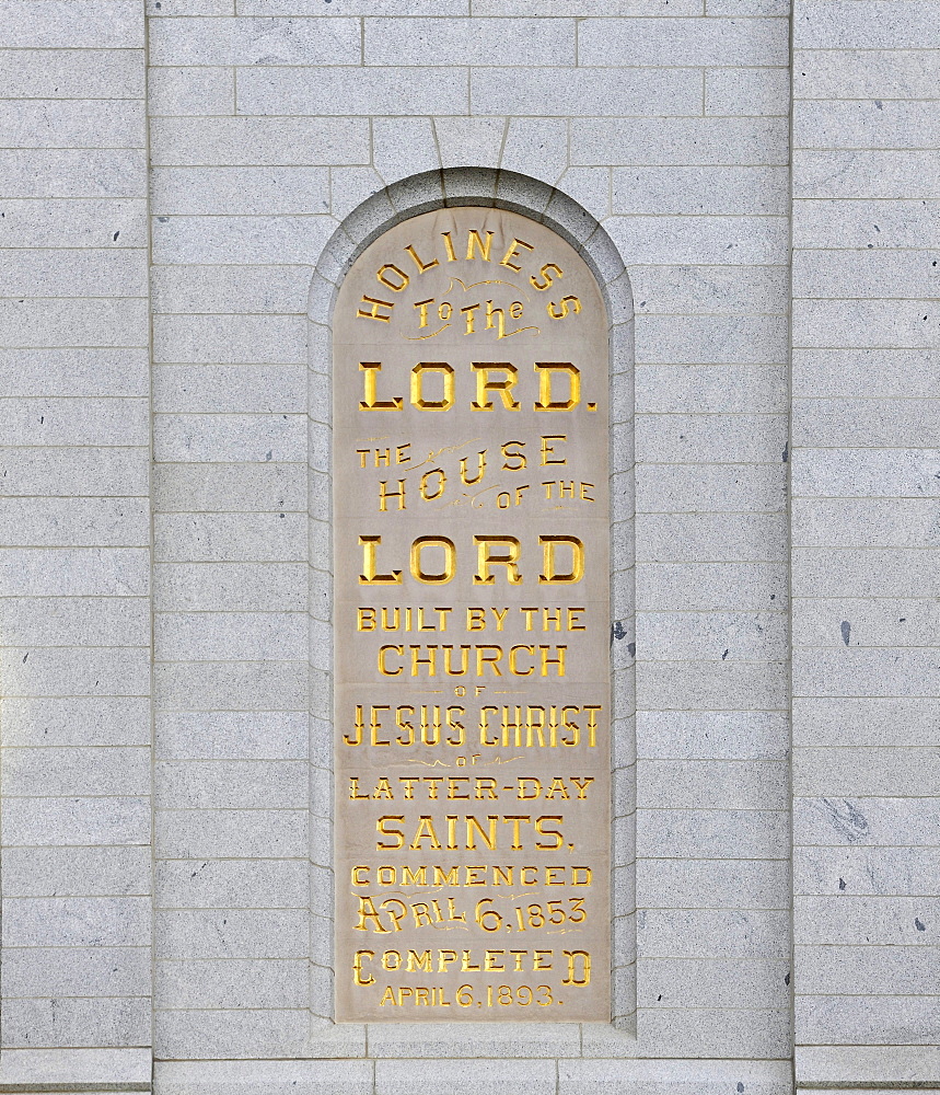 Inscription on the bell tower of the Temple of The Church of Jesus Christ of Latter-day Saints, Mormon Church, Temple Square, Salt Lake City, Utah, Southwest, USA, North America