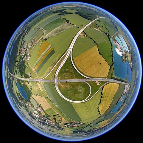 Aerial view, fisheye, spherical panorama, motorway junction A38, exit 28, Brandis, Saxony, Germany, Europe