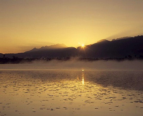 Sunrise at Hopfensee lake, Ostallgaeu district, Bavaria, Germany, Europe