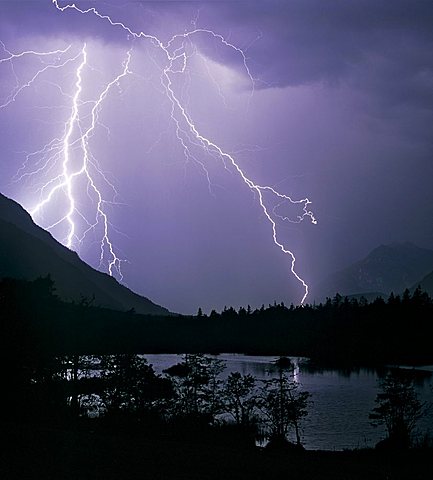 Thunderstorm and lightning, Loisach valley, Lake Muehlsee near Eschenlohe, Upper Bavaria, Bavaria, Germany