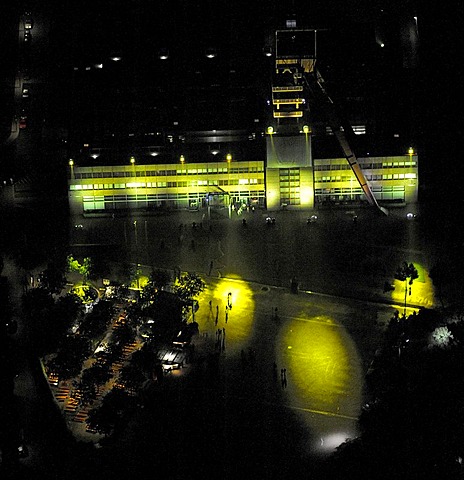 Aerial photo, Nordsternpark landscape park, Rhine?Herne Canal, THS real-estate company administration, Horst, Gelsenkirchen, Ruhrgebiet area, Extraschicht 2009 cultural festival, night flight, North Rhine-Westphalia, Germany, Europe